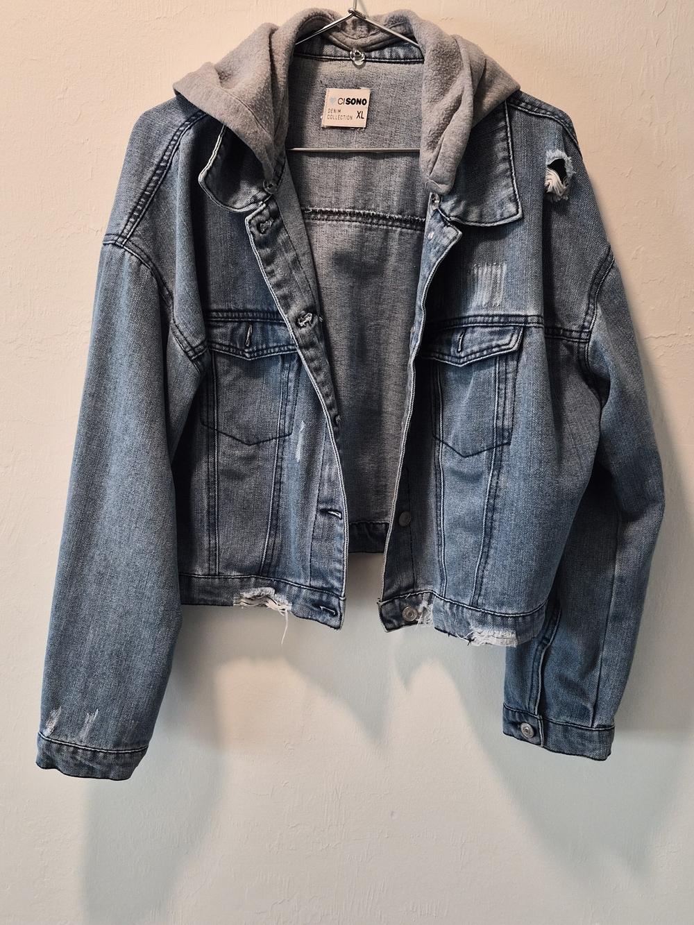Light Blue Distressed Cropped Denim Jacket with Grey Fabric Hood
